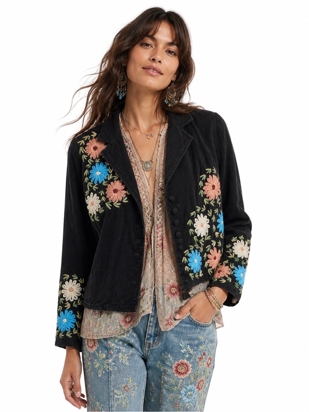 Persaman Micro Corduroy Floral Black Jacket 2 Romantic Cottagecore Indie Folk